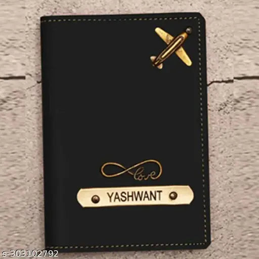 Customized black synthetic passport cover with 1 compartment, solid design for unisex use