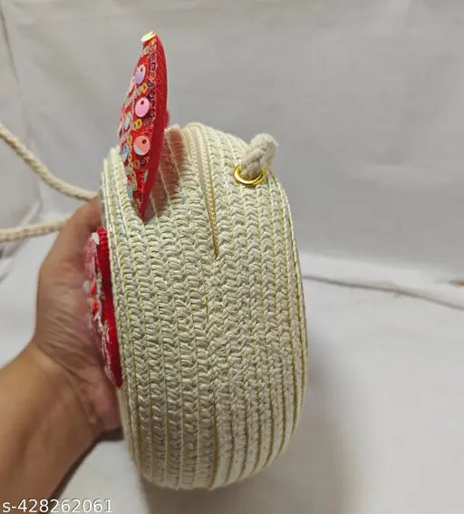 Trendy jute slingbag for kids with kitty ears, sustainable and compact design, ideal for daily essentials