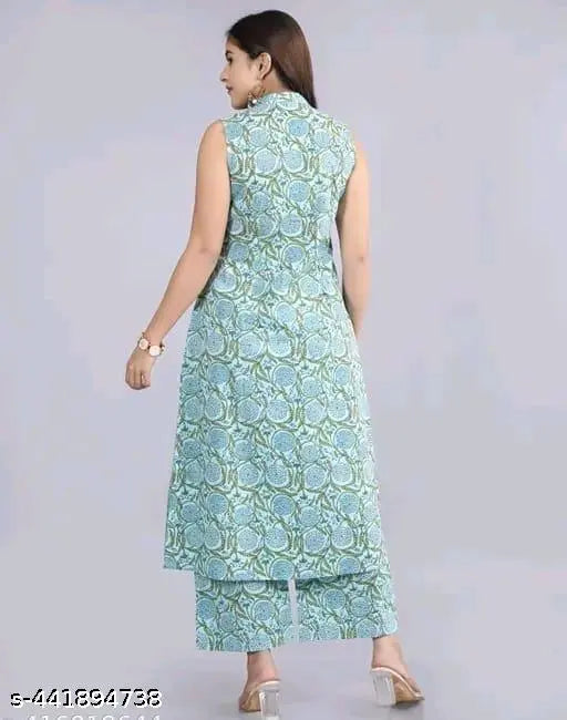 Green rayon kurta with printed net palazzo, three-quarter sleeves, Indian riyon handwork on display