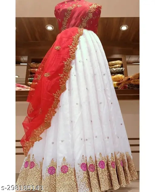 Heavy net fabric embroidery work semi-stitch lehenga choli with dupatta, free size, India-made Indian bridal wear with multi-thread embroidery