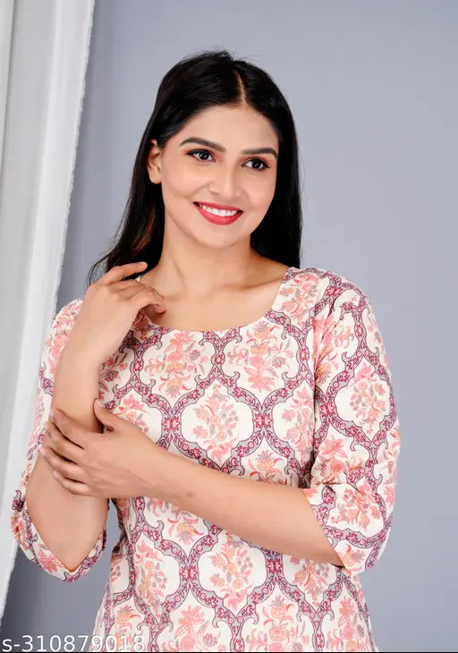 Light pink cotton printed night suit top and pyjama coord set, comfortable loungewear for women's sleepwear collections