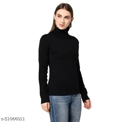 Black cotton roll-up turtleneck top for women, solid pattern, winter style