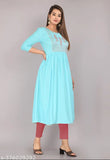 Blue rayon embroidery kurti, traditional and western-inspired design, three-quarter sleeve, S-XXL sizes available
