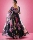 Bamboo printed delta gown for women, three-quarter sleeves, festive party wear, India