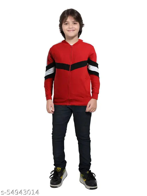 Red and black colorblock boys full sleeve round neck cotton jacket, casual wear for 8-9, 11-12, or 15-16 year olds. Made in India