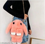 Soft pink fabric plush bunny sling bag with chain and smooth zipper, featuring a realistic rabbit design. Ideal for school or travel