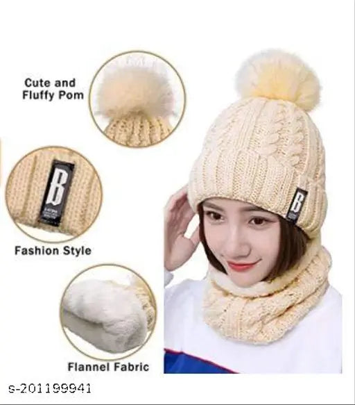 Brown 2-in-1 acrylic knit beanie & scarf set with pompom, soft fleece lining, ideal for winter activities
