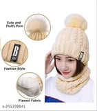 Brown 2-in-1 acrylic knit beanie & scarf set with pompom, soft fleece lining, ideal for winter activities