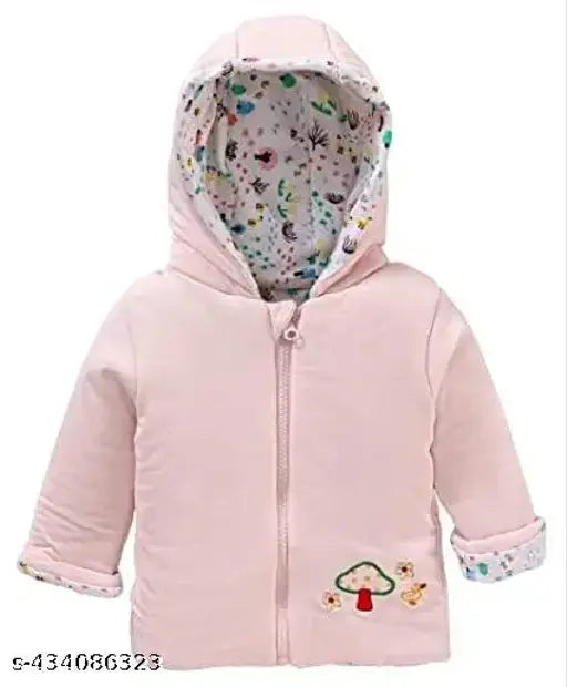 Cotton reversible hooded jacket for baby boys and girls in pink, featuring printed net pattern. Suitable for winter wear in sizes 0-6 months to 3-4 years