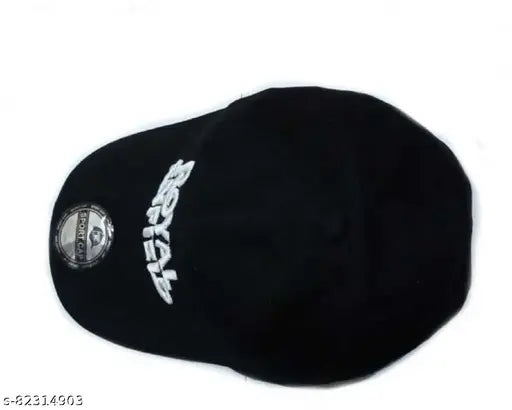 White embroidered cotton baseball cap, Royal Enfield branding on black, stylish headwear from India