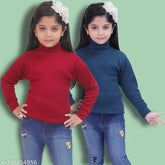Stylish maroon & blue woolen sweater set for kids girls, high neck and full sleeves design, sizes 18 years