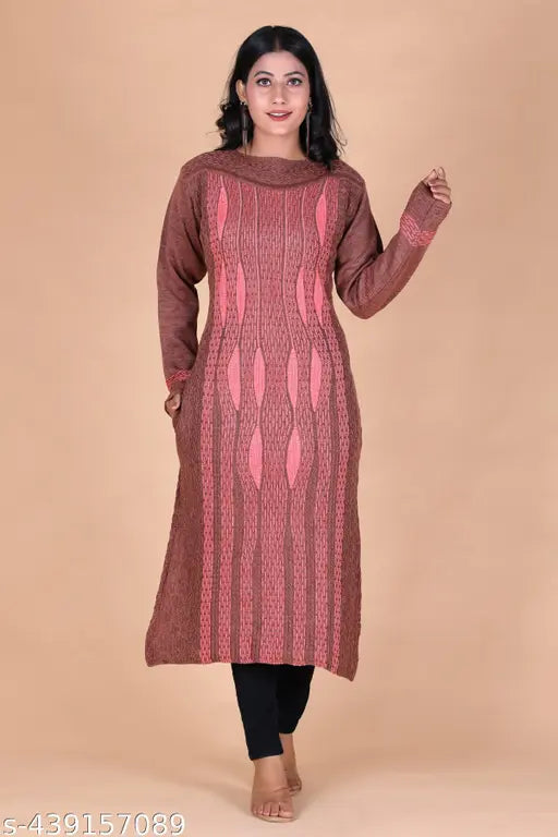 Striped wool three-quarter sleeve kurti for winter, crafted from eco-friendly Vardhman Daffodils yarn. Breathable fabric with intricate detailing, perfect fit for bust size 42 inches, length 43 inches