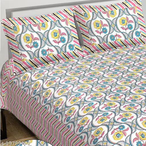 Cotton double bed sheets, Homage Art TM with 2 zipper pillow covers and 93x108 size for king bed