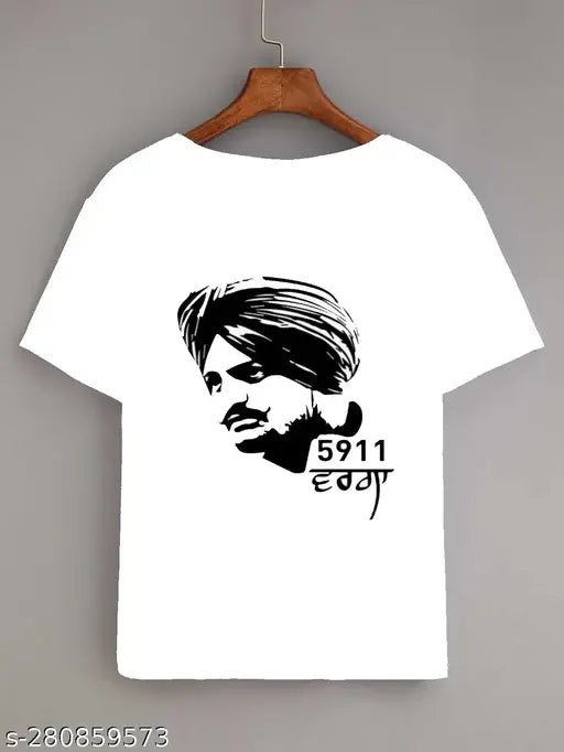 Crisp white, polyester Sidhu Moose Wala graphic print T-shirt for trendy boys and girls - modern design, half sleeves, casual wear