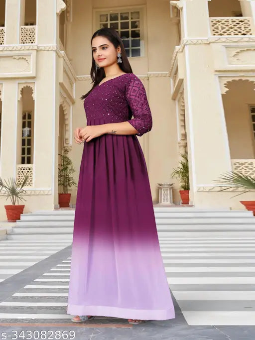 Colorblocked georgette three-quarter sleeve women's dress, classy ravishing India-made fashion on mannequin (S: Bust 36in, Length 56in, Waist 34in, Hip 38in)