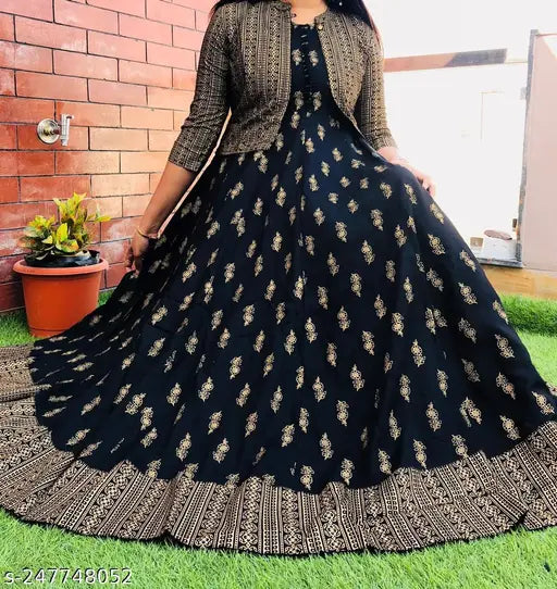 Black rayon sleeveless printed Anarkali jacket kurti for festive occasions