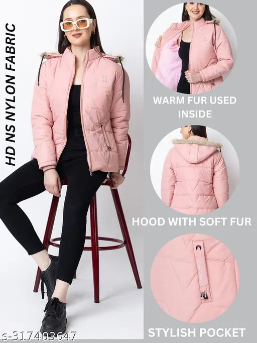 Light Pink Quilted Nylon Jacket for Women - Luxurious Full Sleeve Winter Wear with Fur-Lined Hood