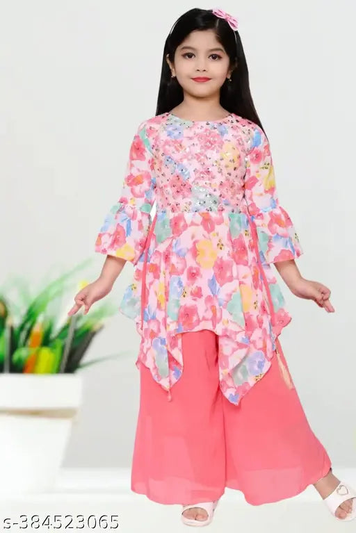 Modern chiffon tometto girls top & palazzo set in vibrant colors, embellished pattern, great for kids' wear
