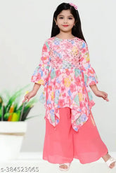 Modern chiffon tometto kids' top & palazzo set, embellished, three-quarter sleeves. New model in 4-5 Years, 5-6 Years, 7-8 Years, 8-9 Years, 9-10 Years, 10-11 Years, and 11-12 Years sizes. Soft, comfortable, Indian-made fashion for girls