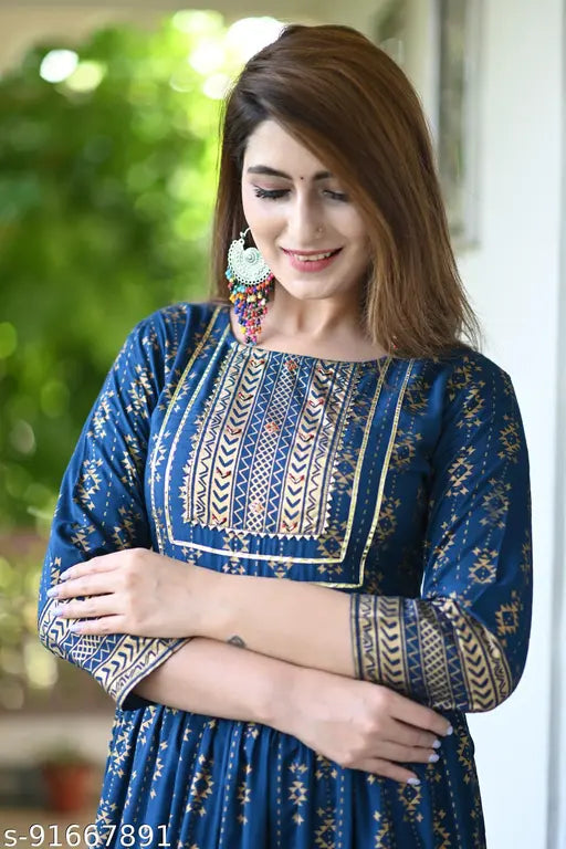 Blue Gold Print Anarkali with intricate handwork, rayon three-quarter sleeves Indian fashion wear for women - size S (36in bust, 50in length)