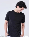 Black basic cotton t-shirt, loose fitting, solid pattern for casual outings. Double needle stitching, comfortable and soft fabric from India