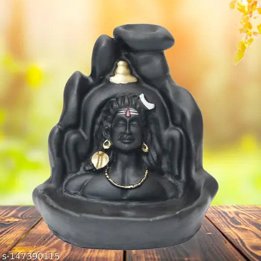Smoky Poly Resin Shiva Idol Fountain, Indian handicraft artifact with reverse-flowing incense smoke and 11cm x 12cm x 7cm dimensions