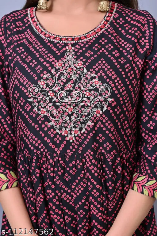 Rayon straight kurti, three-quarter sleeves, printed combo - Attractive Indian embroidered kurti S/M/L (Bust: 35in/37in/39in)