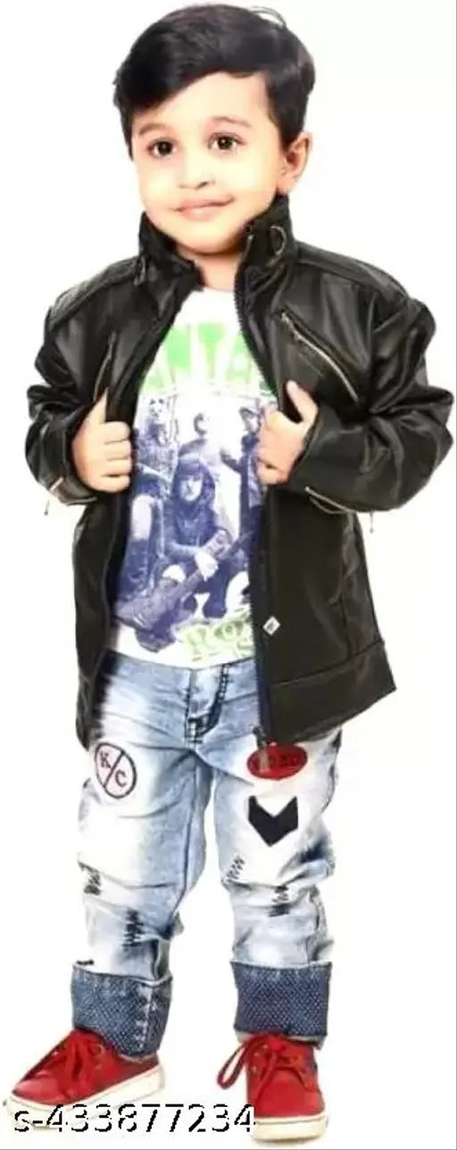 Kids' faux leather long sleeve jacket with zipper, featuring multiple pockets and a stand-up collar. Lightweight for spring wear. Available in sizes for ages 4-7 years