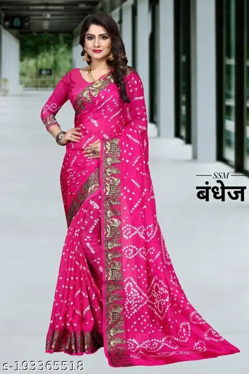 Hand Bandhni Pink Art Silk Saree with Banarsi Border & Jacquard Net Blouse, Indian original product