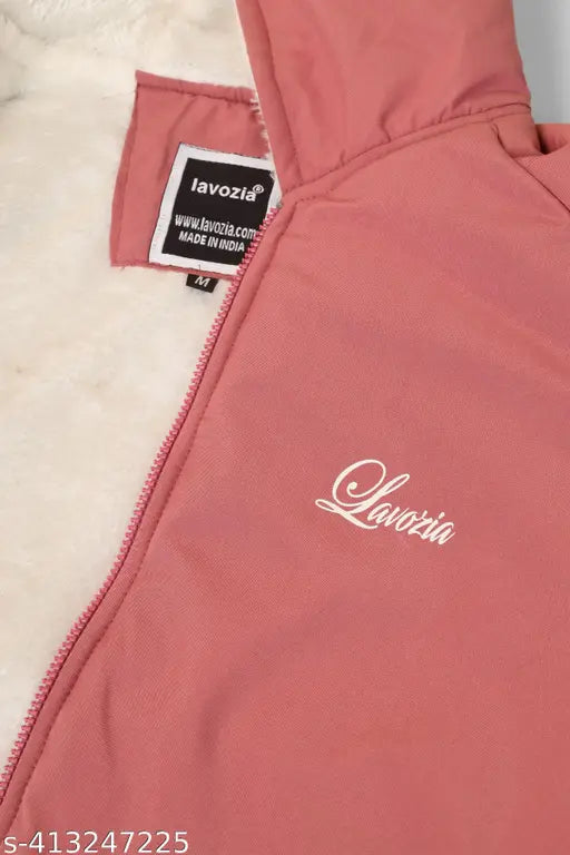 Pink nylon puffer jacket for women, solid pattern with zip closure, long sleeves, size advisory - order one size larger than usual, suitable for cold weather activities and travel, made in India