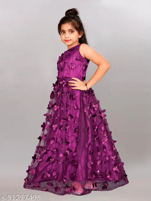 Purple net frock dress for girls, single 2-12 years, embroidered butterfly design, sleeveless, made in India