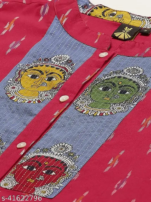 Cotton Ikat print, trendy women's dress with mandarin collar and three-quarter sleeves, casual, festive & party wear