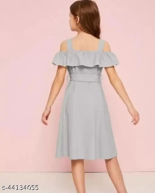 Grey cotton blend short sleeved girl frock for kids aged 6-12 years, solid pattern from India
