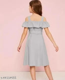 Grey cotton blend short sleeved girl frock for kids aged 6-12 years, solid pattern from India