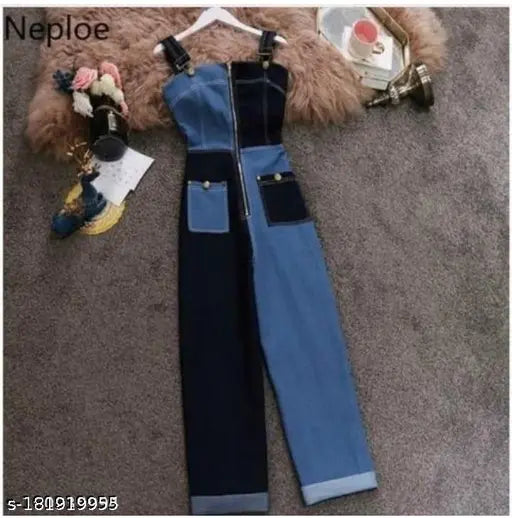 Multicolor denim sleeveless jumpsuit, colorblocked design for women, various sizes available from S to XL