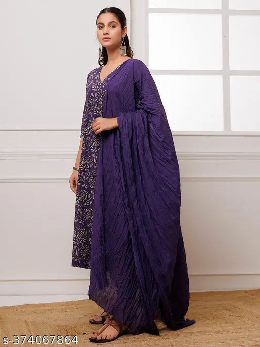 Violet cotton blend floral A-line kurta set with dupatta and bottomwear, Indian handcrafted women's fashion wear in vibrant violet print