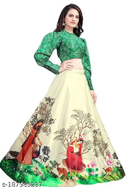 Printed Navratri festival special women's & girls' lehenga choli set. Silk lehenga, satin dupatta, acrylic sleeves, tribal design. Long sleeves, free size (42in waist, 44in length). Traditional Indian fashion for weddings and casual wear
