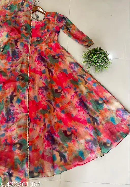 Organza tabby silk printed net maxi dress with matching dupatta, heavy quality fabric and four-side golden lace border