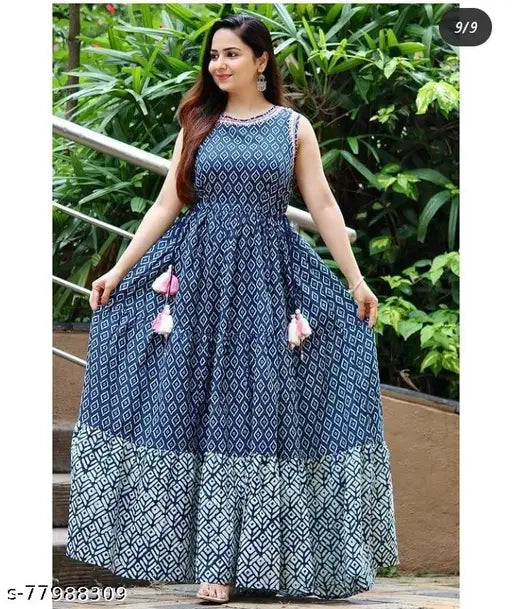 Rayon sleeveless printed long kurta with tasal, vibrant Indian fashion on display