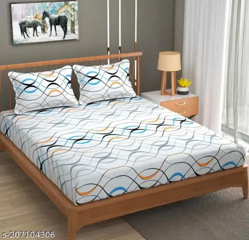 Attractive supersoft glace cotton white striped double bed (72*78) elastic fitted sheets with two matching pillow covers (16*27). Premium quality, breathable, and wrinkle-free for summer use. Indian handloom product