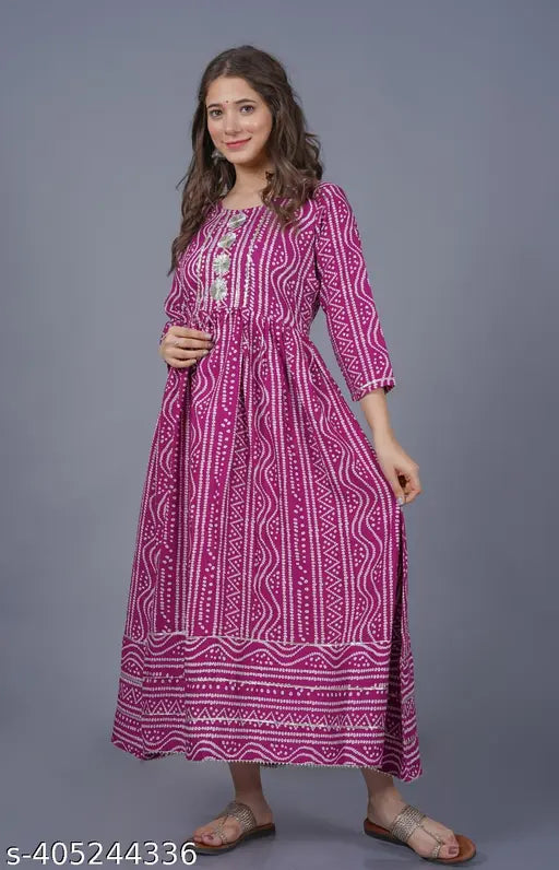 Women's printed cotton rayon Anarkali Kurta, featuring three-quarter sleeves and a round neck. Indian-origin, comfortable and stylish dress for women's wardrobe refresh