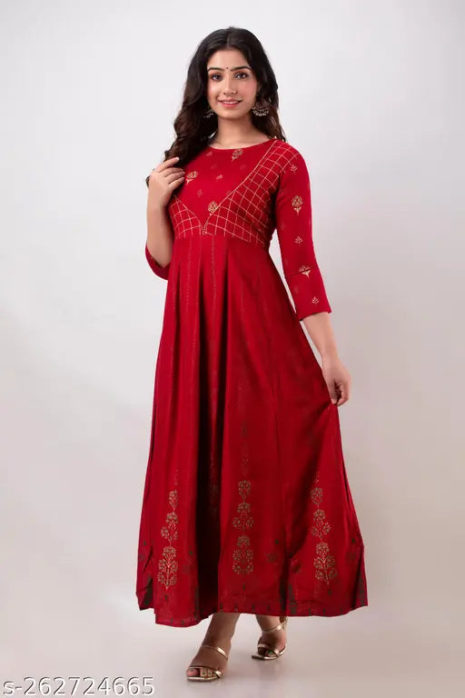 Red rayon Anarkali Kurta with embroidered pattern, three-quarter sleeves - traditional Indian outfit for festive occasions
