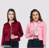 Solid cotton blend denim jacket pack of 2 for women, long sleeves, trendy and stylish, made in India