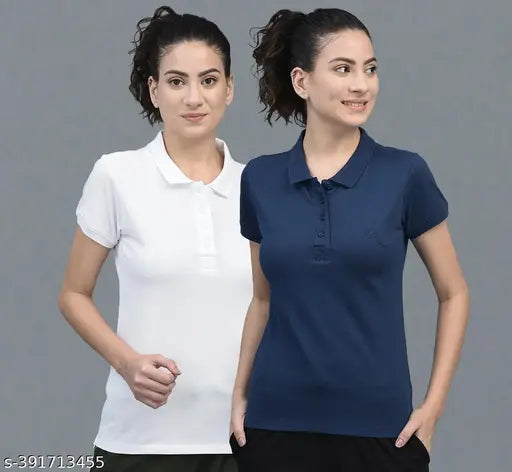 Blue cotton-blend polo neck t-shirts (pack of 2) - Dollar Women's solid, short-sleeved athletic shirts with embroidered branding, India origin
