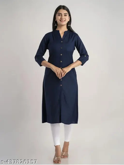 Navy blue Rayon A-line poket mandarin kurti for women's, three-quarter sleeves, solid design