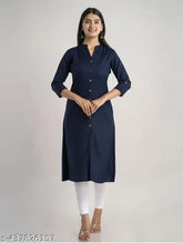 Navy blue Rayon A-line poket mandarin kurti for women's, three-quarter sleeves, solid design