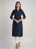 Navy blue Rayon A-line poket mandarin kurti for women's, three-quarter sleeves, solid design