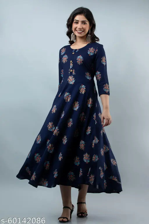 Navy blue flared rayon kurta with printed combo, perfect for festive and party wear