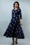 Navy blue flared rayon kurta with printed combo, perfect for festive and party wear