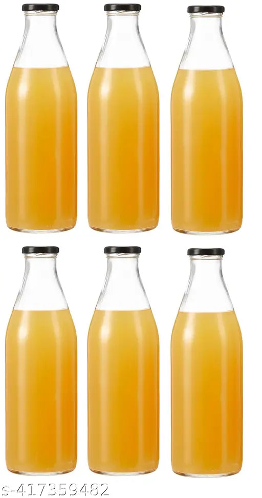 Clear glass fridge water bottles, pack of 6 for storing milk, juice, and all types of liquids